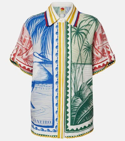 Farm Rio Brasil Vintage Crochet-trimmed Printed Linen-blend Shirt In Multi