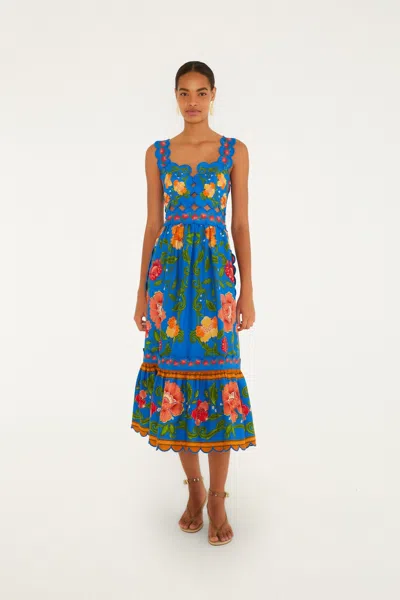 Farm Rio Bright Blue Rococo Flowers Lenzing Ecovero Euroflax Midi Dress
