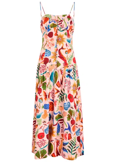 Farm Rio Bright Farm Printed Linen-blend Midi Dress In Multicoloured