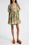 Farm Rio Bright Yard Ruffle Hem Puff Sleeve Minidress In Bright Yard Green  | ModeSens