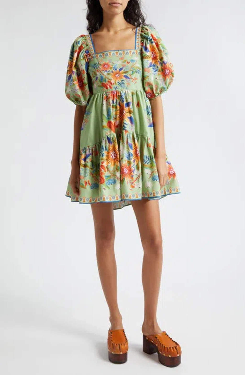 Farm Rio Bright Yard Ruffle Hem Puff Sleeve Minidress In Bright Yard Green  | ModeSens