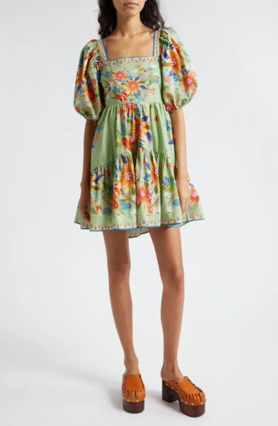 Farm Rio Bright Yard Ruffle Hem Puff Sleeve Minidress In Bright Yard Green  | ModeSens
