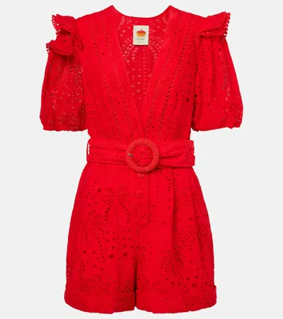 Farm Rio Broderie Anglaise Cotton Romper In Red