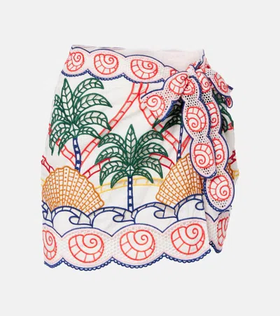 Farm Rio White Skirt With Side Knot Closure And All-over Tropical Embroidery In Cotton Woman In Multi