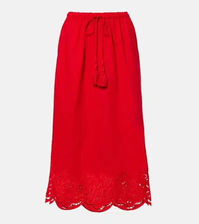 Farm Rio Broderie Anglaise Linen-blend Midi Skirt In Red