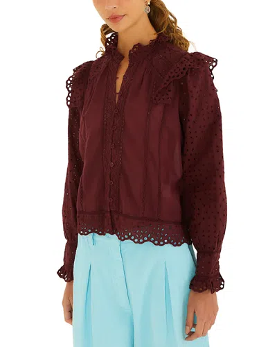 Farm Rio Ruffled Broderie-anglaise Blouse In Burgundy