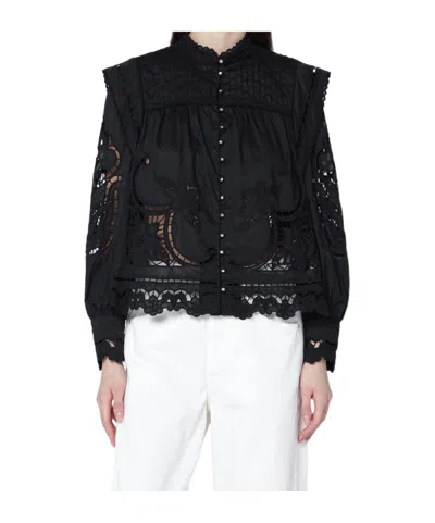 Farm Rio Broderie High Neck Top In Black