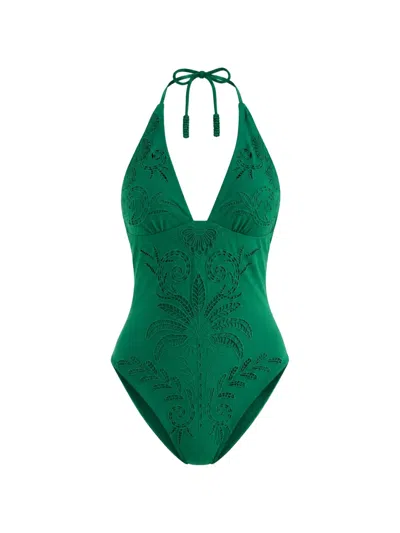 Farm Rio Broderie-anglaise Halterneck Swimsuit In Green