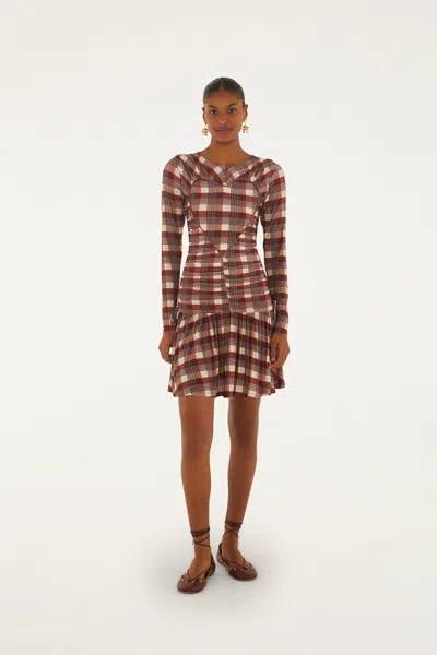 Farm Rio Brown Country Tartan Heart Ruched Mini Dress In Country Tartan Multicolor