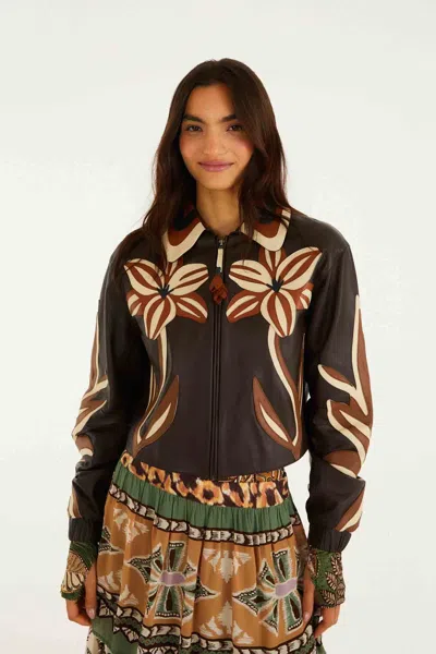 Farm Rio Brown Flower Cutwork Collared Leather Jacket In Black