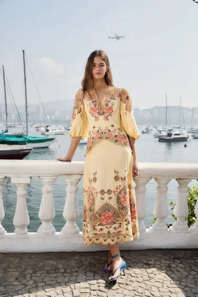 Farm Rio Butter Yellow Embroidered Lenzing Ecovero Euroflax Midi Dress In Neutral