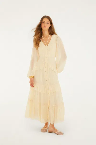 Farm Rio Butter Yellow Ruffled Buttoned Maxi Dress In White