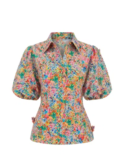 Farm Rio Butterfly-appliqué Floral-print Blouse In Neutral