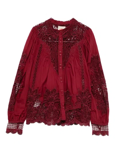 Farm Rio Guipure Lace Cotton Button-up Shirt In Burgundy In Multi