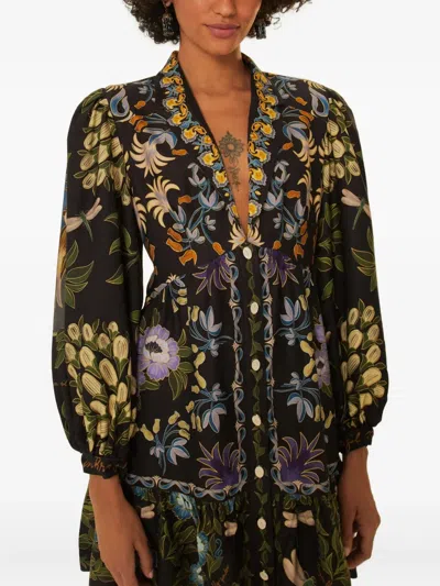 Farm Rio Button Floral Mini Dress In Black