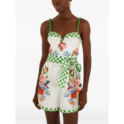 Farm Rio Calm Breeze Floral-print Playsuit In White/green