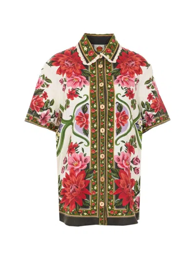 Farm Rio Wonder Multicolor Shirt With Lace Embroidered Classic Collar And All-over Floral Motif In Linen Blen