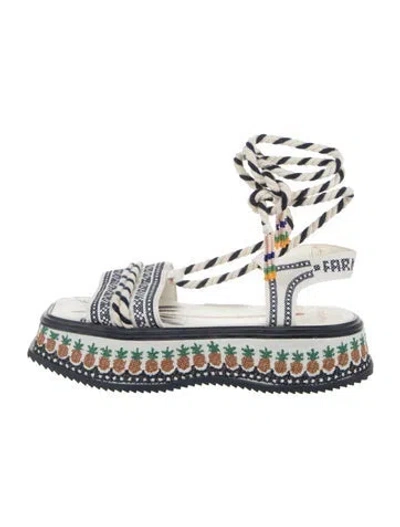 Pre-owned Farm Rio Canvas Floral Print Sandals In White