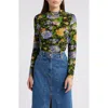 Farm Rio Capri Floral Mock Neck Long Sleeve Jersey Top In Capri Floral Black