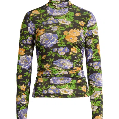 Farm Rio Capri Floral Mock Neck Long Sleeve Jersey Top In Capri Floral Black