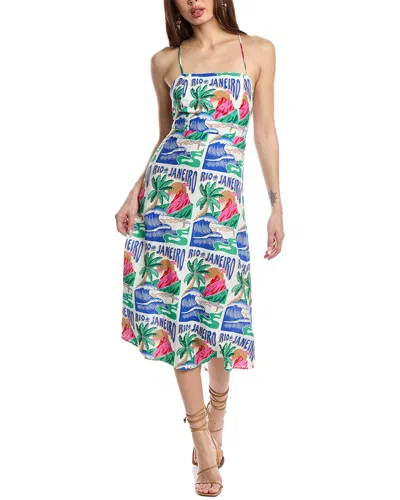 Farm Rio Carioca Posters Linen-blend Midi Dress In White
