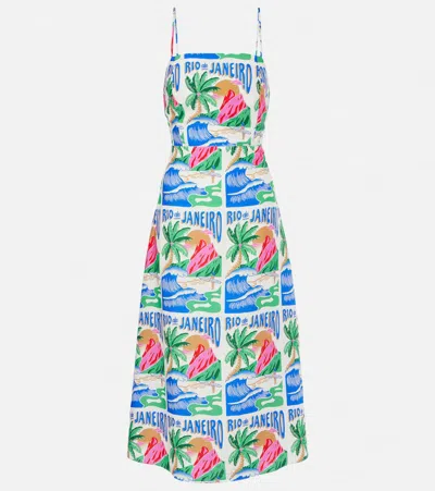 Farm Rio Carioca Posters Linen-blend Midi Dress In Off-white