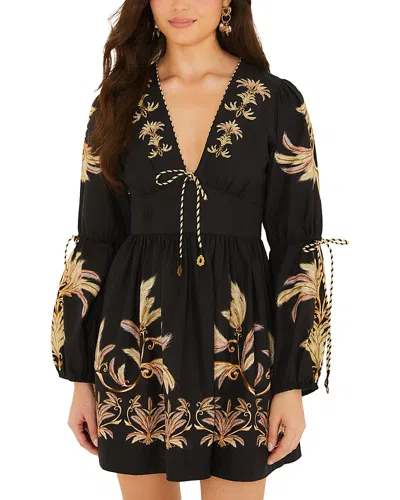 Farm Rio Carnaval Feathers Cotton Mini Dress In Black