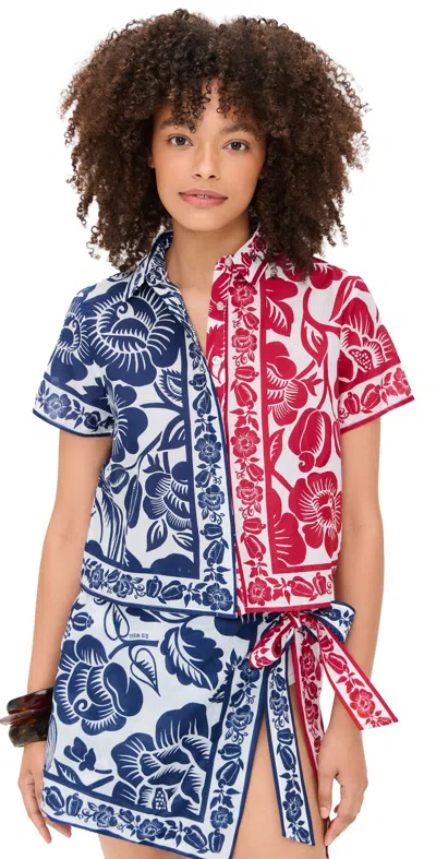 Farm Rio Cashew And Birds Shirt Cashew And Birds Red And Blue