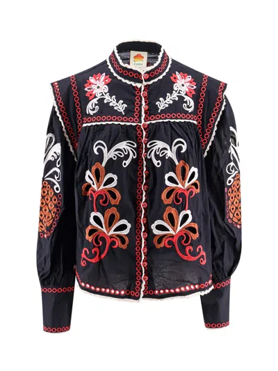 FARM RIO CASHEW MANDALA RICHILIEU BLACK COTTON SHIRT WITH COTTON TANK TOP
