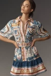 Farm Rio Cerrado Stamps Belted Printed Linen Mini Dress In Blue