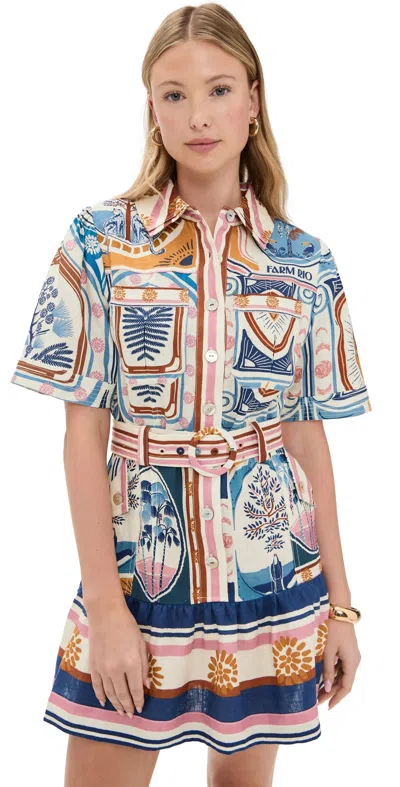Farm Rio Cerrado Stamps Belted Printed Linen Mini Dress In White