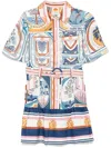 Farm Rio Cerrado Stamps Belted Printed Linen Mini Dress In White