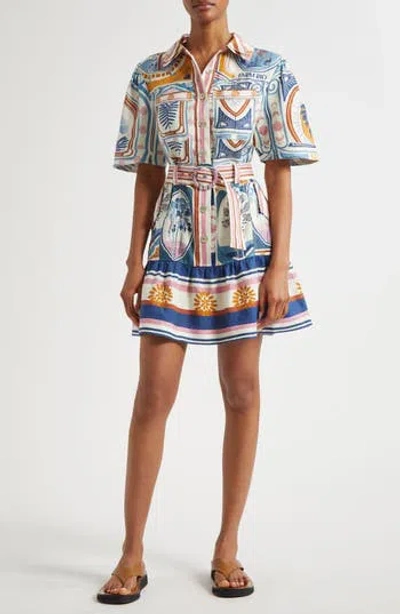 Farm Rio Cerrado Stamps Print Linen Shirtdress In Blue