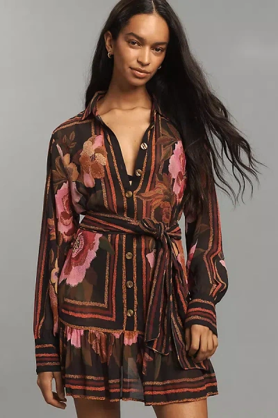 FARM RIO CHENILLE FLOWERS LONG-SLEEVE BELTED MINI SHIRT DRESS