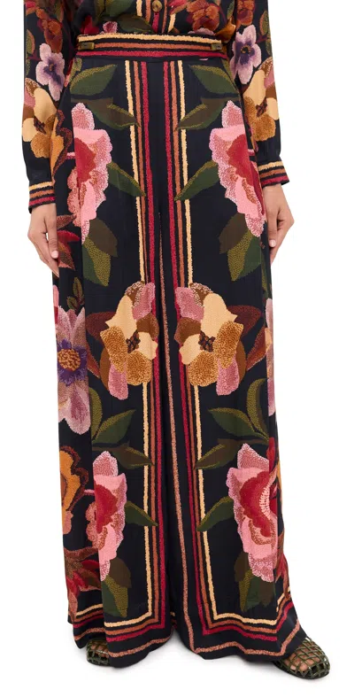 Farm Rio Chenille Flowers Pants Chenille Flowers Black In Multi