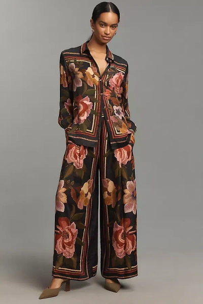 Farm Rio Chenille Flowers Wide-leg Pants In Brown