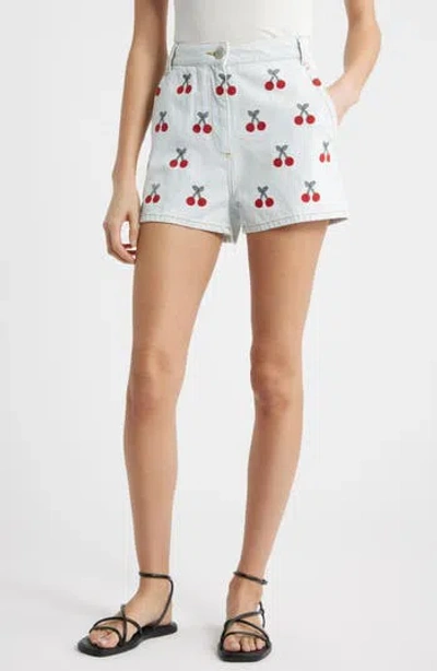 Farm Rio Cherry Embroidered High Waist Denim Shorts