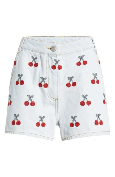 Farm Rio Cherry Embroidered High Waist Denim Shorts In White