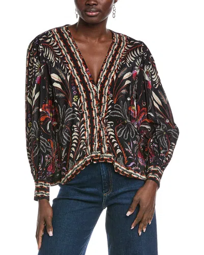 Farm Rio Classic Garden Black Mirror Trim Blouse In Multi