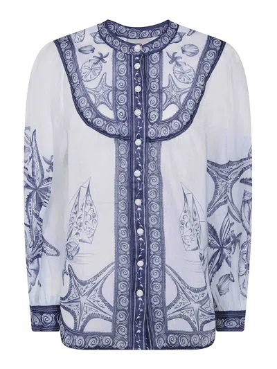 Farm Rio Coast Scarf Off-white Long Sleeve Blouse