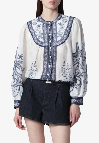 Farm Rio Coast Scarf Printed Blouse In Multi