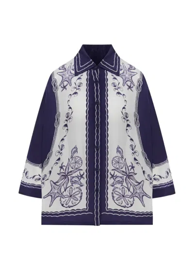 Farm Rio All-over Print Button-up Shirt With Wide Sleeves In Blue