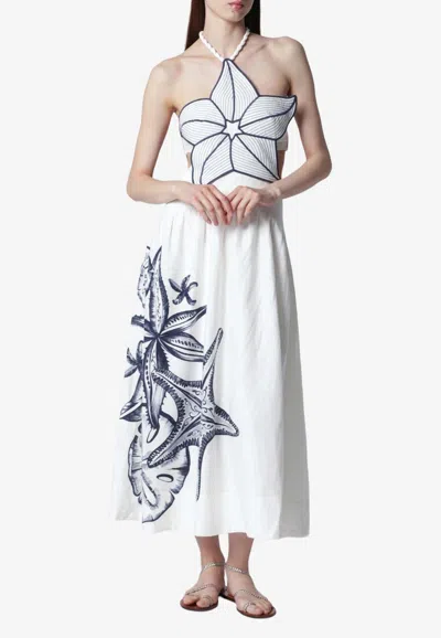 Farm Rio Coast Stars Printed Linen Midi Dress In White