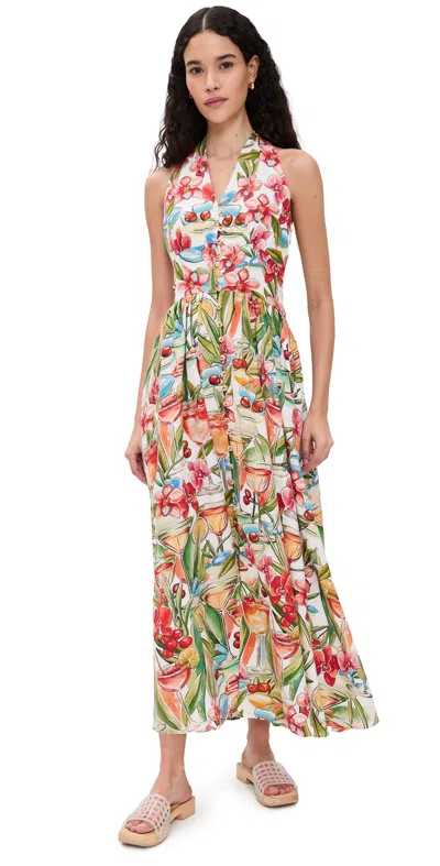 Farm Rio Cocktail Halter Maxi Dress Cocktail Off-white In Multi