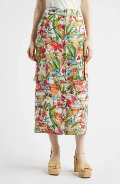 Farm Rio Cocktail Print Linen Midi Skirt In Multi