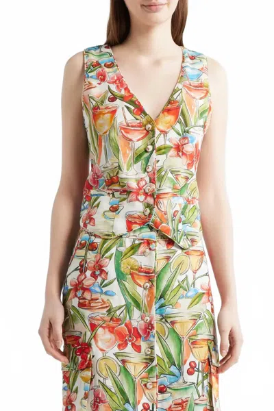 Farm Rio Cocktail Print Linen Vest In Off-white Sand In Multi