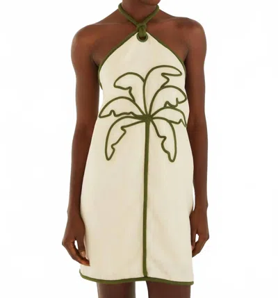 Farm Rio Sand Coconut Embroidery Halter Neck Euroflax Premium Linen Mini Dress In White