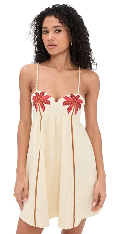 Farm Rio Off-white Coconut Tree Embroidered Euroflax Premium Linen Mini Dress