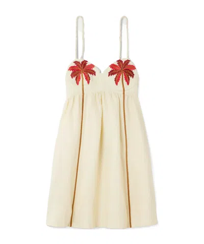 Farm Rio Off-white Coconut Tree Embroidered Euroflax Premium Linen Mini Dress