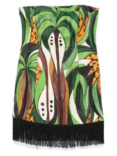 Farm Rio Coconut Tree Flow Strapless Fringed Printed Linen Top In Green